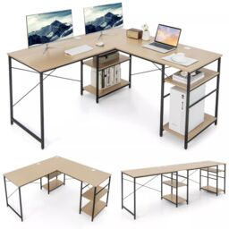 Costway L-Shaped Corner Computer Desk Study Writing Desk Workstation w/ Storage Shelf in Natural - thumbnail 1
