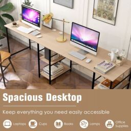 Costway L-Shaped Corner Computer Desk Study Writing Desk Workstation w/ Storage Shelf in Natural - thumbnail 4