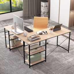 Costway L-Shaped Corner Computer Desk Study Writing Desk Workstation w/ Storage Shelf in Natural - thumbnail 2