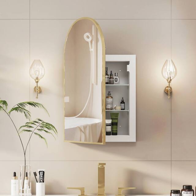 KEEPREAPER Brushed Gold Arch Bathroom Mirror Cabinet 42x68cm Metal Frame Wall - Size: 42x68 cm - image 1