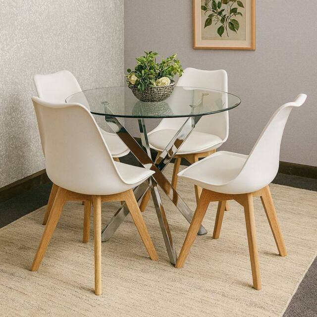 KOSY KOALA Modern Round Glass Dining Table Set With 4 Cream Plastic Chairs - image 1