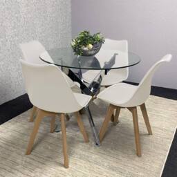 KOSY KOALA Modern Round Glass Dining Table Set With 4 Cream Plastic Chairs - thumbnail 2
