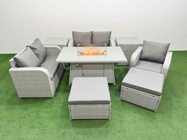 Fimous High Back Poly Rattan Garden Furniture Set w/ Reclining Chair Loveseat Sofa Firepit Dining Table Indoor Outdoor Patio Set 2 Big Stool 2 Side - image 1