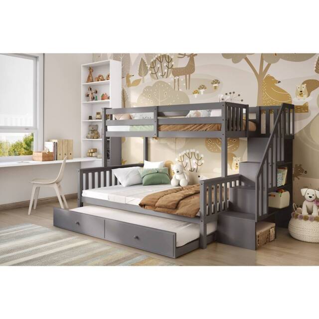 Flair Tag Triple Staircase Bunk Bed with Trundle in Grey - Size: Double - image 1