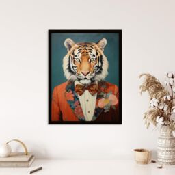 "Wee Blue Coo Wall Art Print Tiger in a Tuxedo Fun Animal Portrait Living Room Framed in Blue - Size: W12"" x H16""" - thumbnail 4