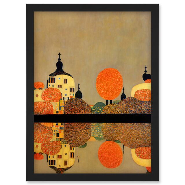 Artery8 Gustav Klimt Style Autumn Lakeside Town Church Reflection Artwork Framed Wall Art Print A4 in Black - image 1