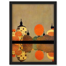 Artery8 Gustav Klimt Style Autumn Lakeside Town Church Reflection Artwork Framed Wall Art Print A4 in Black - thumbnail 1