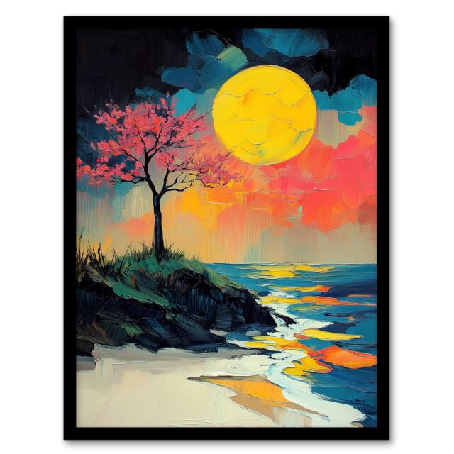 "Artery8 Cherry Blossom Tree by Shore Coastal Sunset Framed Art Print - Size: W12"" x H16""" - image 1