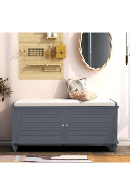 Wooden Shutter Door Shoe Cabinet Storage Bench with Linen Cushion in Grey - image 1