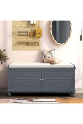 Wooden Shutter Door Shoe Cabinet Storage Bench with Linen Cushion in Grey - thumbnail 1