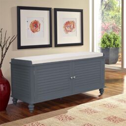 Wooden Shutter Door Shoe Cabinet Storage Bench with Linen Cushion in Grey - thumbnail 2