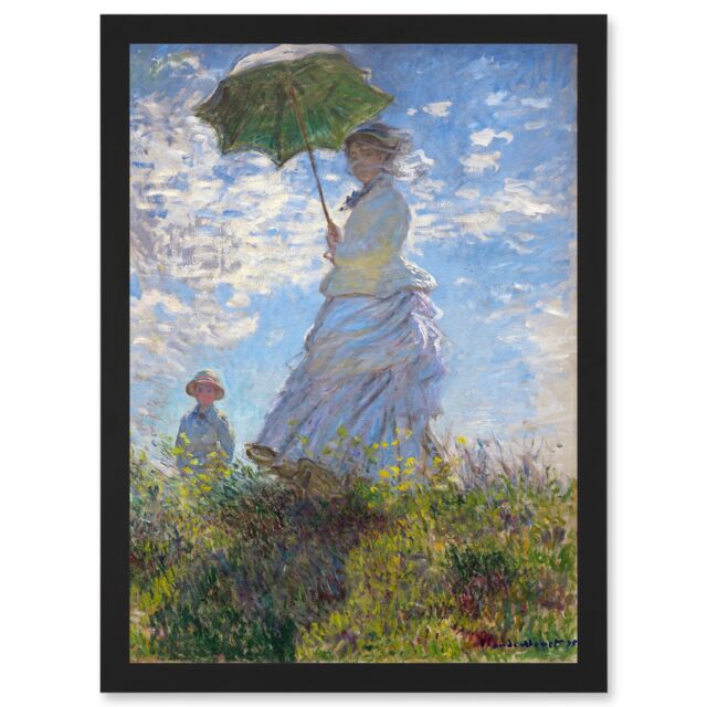 Artery8 Claude Monet Woman With Parasol Madame Monet & Son Painting Artwork Framed Wall Art Print A4 in Black - image 1