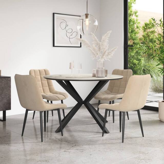 More4Homes Calne Calcutta Gold Ceramic Round Dining Table & 6 Nova Velvet Chairs in Beige - image 1
