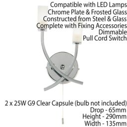 Loops LED Twin Wall Light Modern Chrome Arm & Frosted Oblong Glass Shade Lamp Lighting in Clear - thumbnail 2
