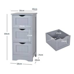KORVIXA Bathroom Floor Cabinet Wood Storage Cupboard Organizer 3 Drawers in Grey - Size: W700mm x H750mm - thumbnail 2