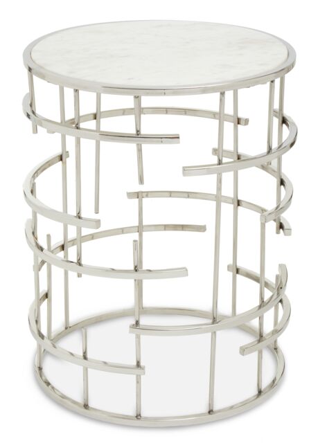 Orsina Marble Top White Side Table, Open Design Frame Bedside Table, Round End Table for Living Room, Lounge, Home in Silver - image 1