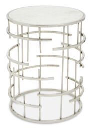 Orsina Marble Top White Side Table, Open Design Frame Bedside Table, Round End Table for Living Room, Lounge, Home in Silver