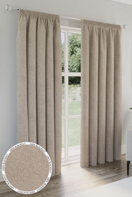 Enhanced Living 'Dallas' Natural 100% Blackout, Thermal, Linen Look Pair of Pencil Pleat Curtains - Size: 117 cm width x 229 cm drop - image 1