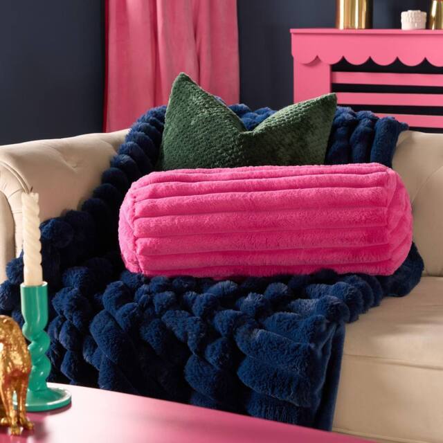 OHS Faux Fur Ribbed Round Bolster Cushion Neck Roll Pillow in Bright Pink - image 1