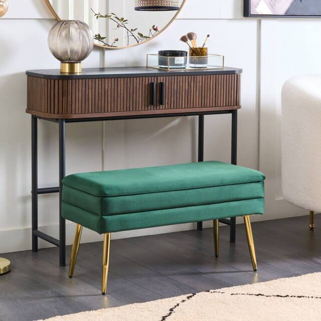 Wyld and Coco Dark Green Velvet Storage Bench - Gold-Toned Legs - image 1