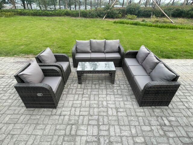Fimous Patio Garden Furniture Sets Wicker 8 Seater Outdoor Rattan Furniture Sofa Sets with Rectangular Coffee Table Reclining Chair in Dark Grey - image 1