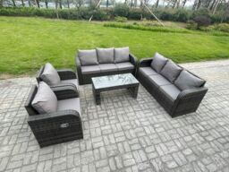 Fimous Patio Garden Furniture Sets Wicker 8 Seater Outdoor Rattan Furniture Sofa Sets with Rectangular Coffee Table Reclining Chair in Dark Grey - thumbnail 2