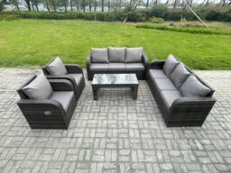 Fimous Patio Garden Furniture Sets Wicker 8 Seater Outdoor Rattan Furniture Sofa Sets with Rectangular Coffee Table Reclining Chair in Dark Grey - thumbnail 1