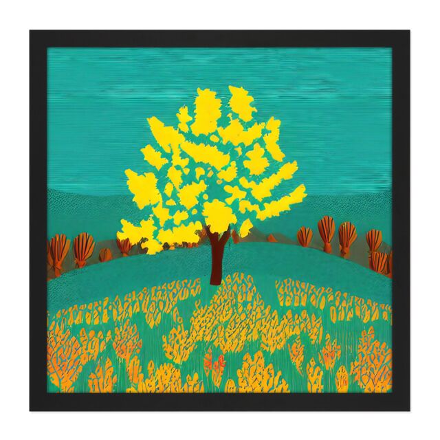 "Artery8 Wall Art Print Bright Yellow Tree On Turquoise Hill Modern Autumn Square Framed Picture 16X16 Inch in Black - Size: W16"" x H16""" - image 1