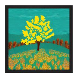 "Artery8 Wall Art Print Bright Yellow Tree On Turquoise Hill Modern Autumn Square Framed Picture 16X16 Inch in Black - Size: W16"" x H16""" - thumbnail 1