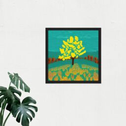 "Artery8 Wall Art Print Bright Yellow Tree On Turquoise Hill Modern Autumn Square Framed Picture 16X16 Inch in Black - Size: W16"" x H16""" - thumbnail 2