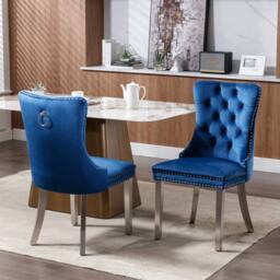 HomeTouch Set of 2 Luxie Velvet Dining Chairs with Steel Legs in Blue - Size: 2 Pack