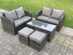 Fimous Dark Grey Rattan Garden Furniture Set Love Sofa 2 Seater Sofa Set Outdoor Rectangular Coffee Table 6 Seater - thumbnail 2
