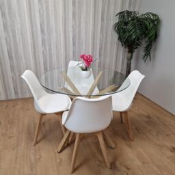 KOSY KOALA Round Glass Dining Table Set With 4 White Plastic Chairs Dining Room Furniture in Brown - thumbnail 8