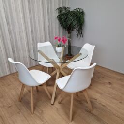 KOSY KOALA Round Glass Dining Table Set With 4 White Plastic Chairs Dining Room Furniture in Brown - thumbnail 1