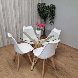 KOSY KOALA Round Glass Dining Table Set With 4 White Plastic Chairs Dining Room Furniture in Brown - thumbnail 7
