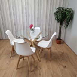 KOSY KOALA Round Glass Dining Table Set With 4 White Plastic Chairs Dining Room Furniture in Brown - thumbnail 4