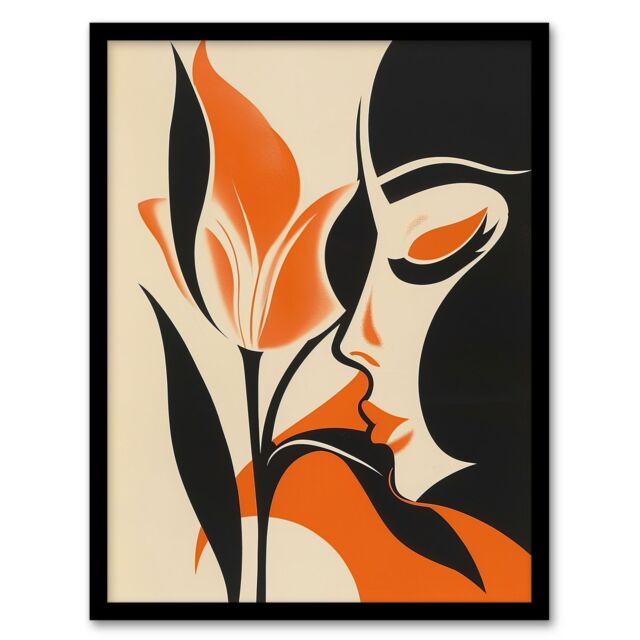 "Artery8 Bold Minimal Lady Kissing Rose Flower Artwork Framed Art Print in Orange - Size: W12"" x H16""" - image 1