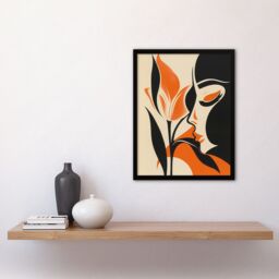 "Artery8 Bold Minimal Lady Kissing Rose Flower Artwork Framed Art Print in Orange - Size: W12"" x H16""" - thumbnail 4