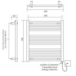 Balterley Straight Heated Towel Rail Radiator, 256W, 600 x 700mm, Chrome in Silver - thumbnail 8