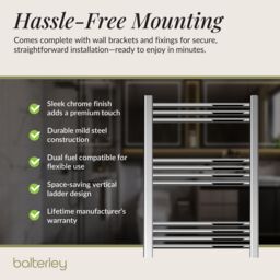 Balterley Straight Heated Towel Rail Radiator, 256W, 600 x 700mm, Chrome in Silver - thumbnail 4