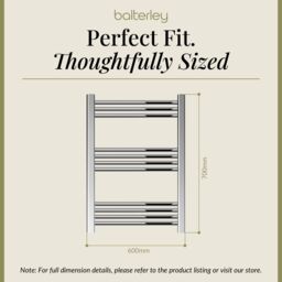 Balterley Straight Heated Towel Rail Radiator, 256W, 600 x 700mm, Chrome in Silver - thumbnail 5