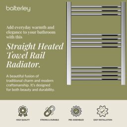 Balterley Straight Heated Towel Rail Radiator, 256W, 600 x 700mm, Chrome in Silver - thumbnail 2