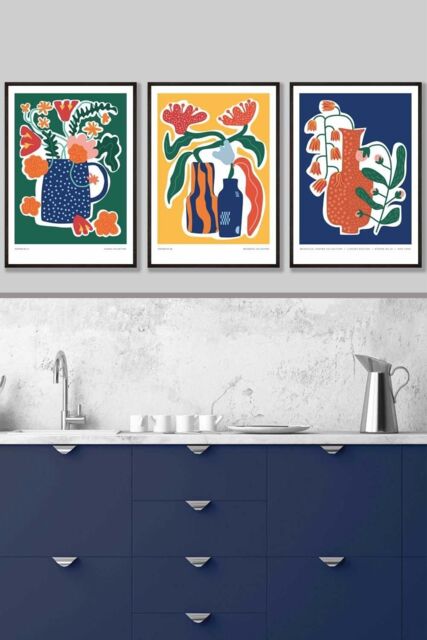 ARTZE Artisan Flower Market in Blue, Yellow & Green Framed Wall Art - Large in Black - Size: W53 cm x H73 cm x D20mm - image 1