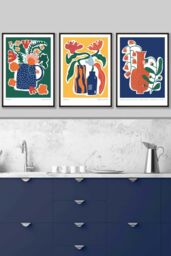 ARTZE Artisan Flower Market in Blue, Yellow & Green Framed Wall Art - Large in Black - Size: W53 cm x H73 cm x D20mm - thumbnail 1