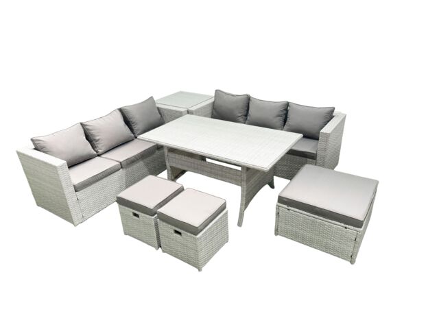 Fimous Rattan Garden Furniture Set 9 Seater Outdoor Sofa Set with Dining Table Side Table 3 Footstools Light Grey Mixed - image 1
