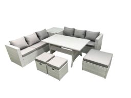 Fimous Rattan Garden Furniture Set 9 Seater Outdoor Sofa Set with Dining Table Side Table 3 Footstools Light Grey Mixed - thumbnail 1