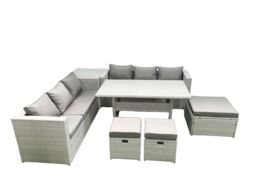Fimous Rattan Garden Furniture Set 9 Seater Outdoor Sofa Set with Dining Table Side Table 3 Footstools Light Grey Mixed - thumbnail 2