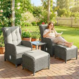 OUTSUNNY Recliner Rattan Garden Furniture w/ Two-tier Table in Cream - thumbnail 1