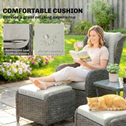 OUTSUNNY Recliner Rattan Garden Furniture w/ Two-tier Table in Cream - thumbnail 6