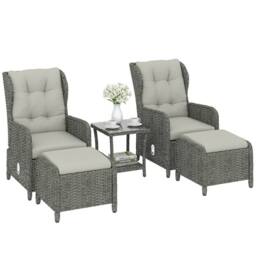 OUTSUNNY Recliner Rattan Garden Furniture w/ Two-tier Table in Cream - thumbnail 2